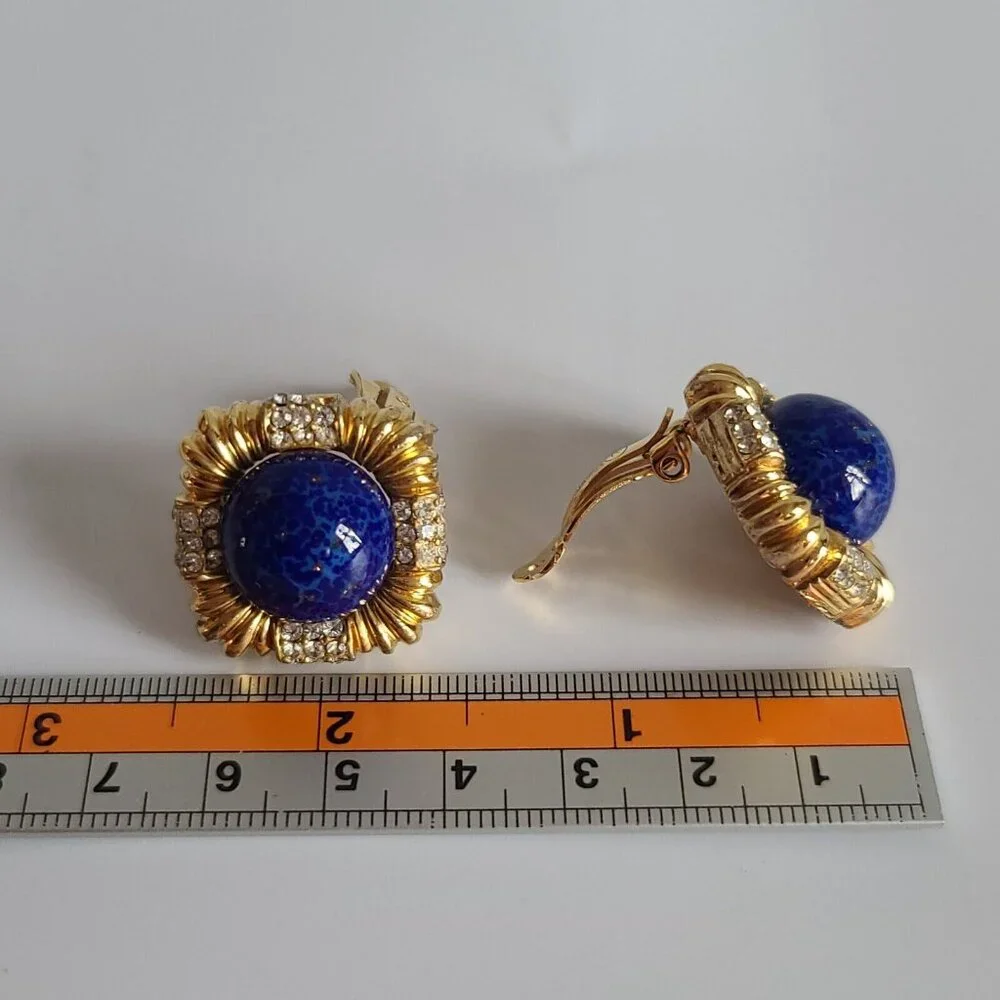 Ciner Glass Blue Lapis Lazuli Cabochon Gold Tone Clip Earrings Retro Large Huge - Picture 5 of 8